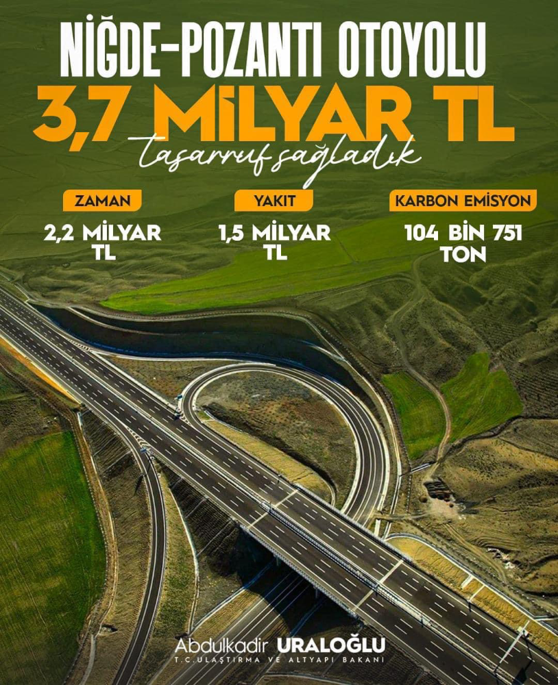 Niğde-Pozantı Otoyolu ile 3,7 Milyar TL Tasarruf Sağlandı
