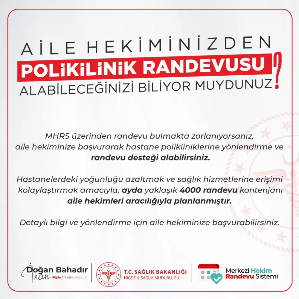 AİLE HEKİMİNDEN POLİKLİNİK RANDEVUSU ALMA DÖNEMİ BAŞLADI